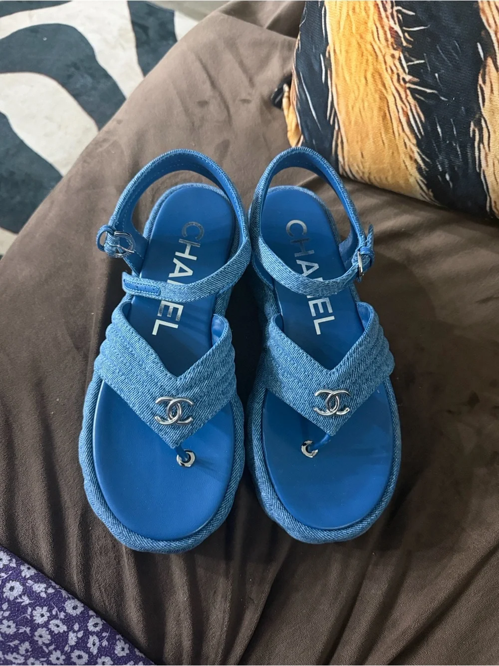 CHANEL Denim Blue Slingback Logo Sandals
